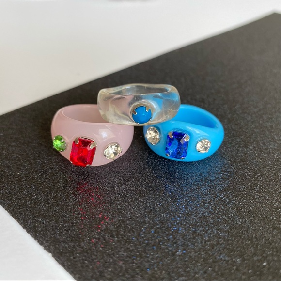Chunky Acrylic Rhinestone Rings - Set of 3 - Picture 2 of 3